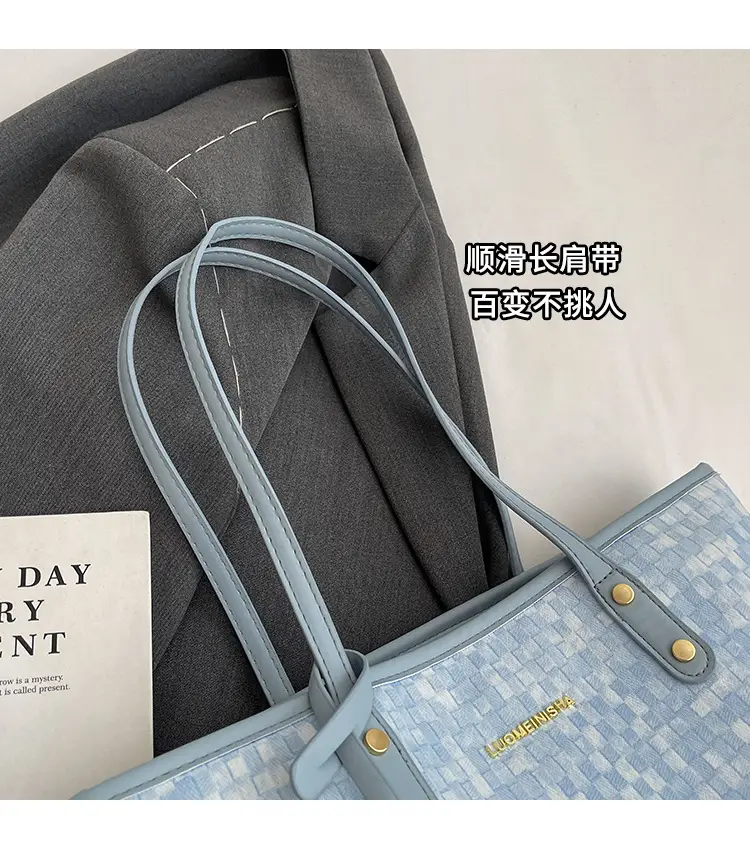 Women's Light Blue Checkered Tote Bag with Gold Logo — feature 2