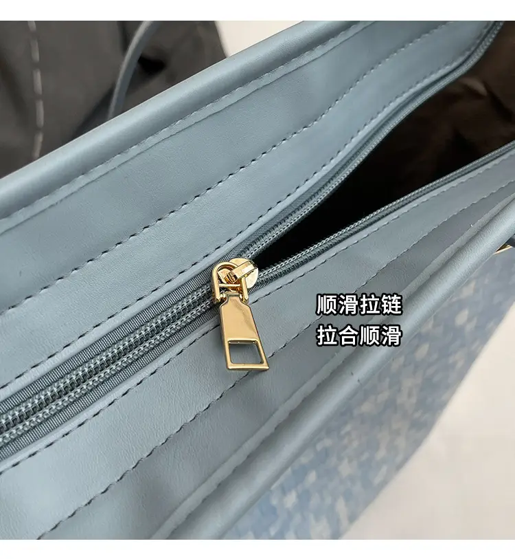 Women's Light Blue Checkered Tote Bag with Gold Logo — feature 4