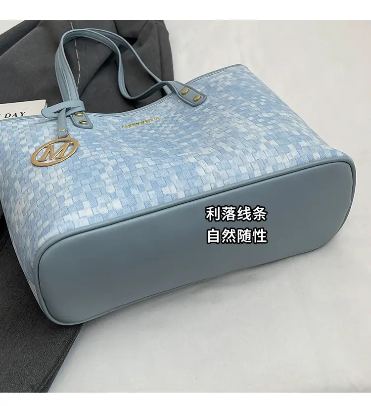 Women's Light Blue Checkered Tote Bag with Gold Logo — feature 5