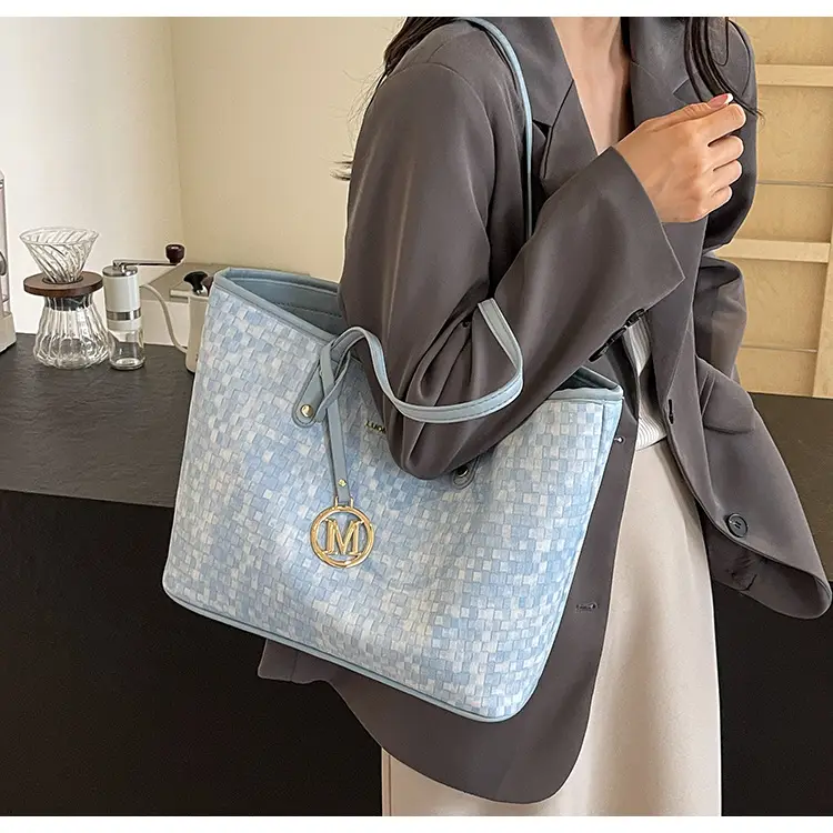 Women's Light Blue Checkered Tote Bag with Gold Logo — feature 7