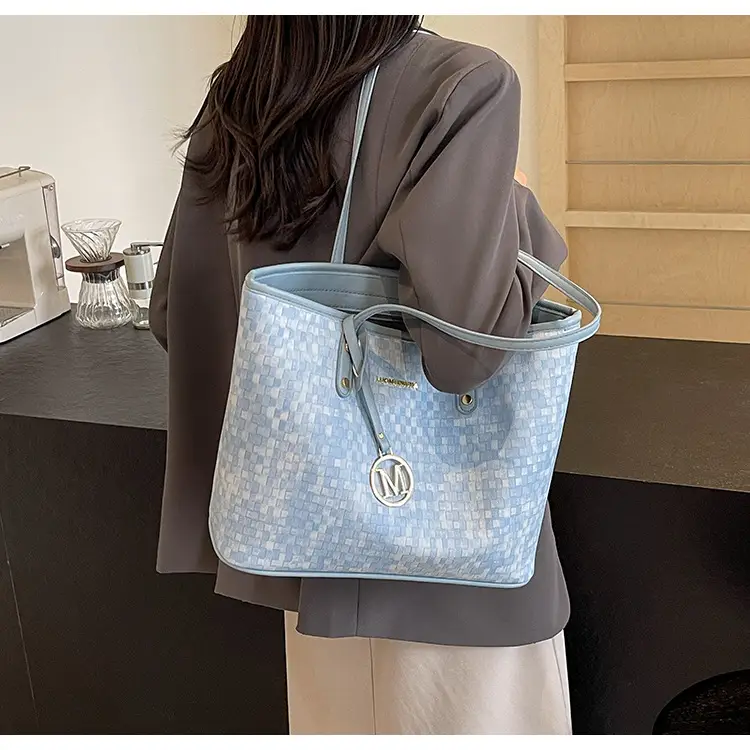 Women's Light Blue Checkered Tote Bag with Gold Logo — feature 8