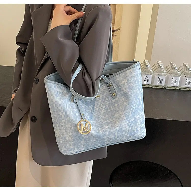 Women's Light Blue Checkered Tote Bag with Gold Logo — feature 9
