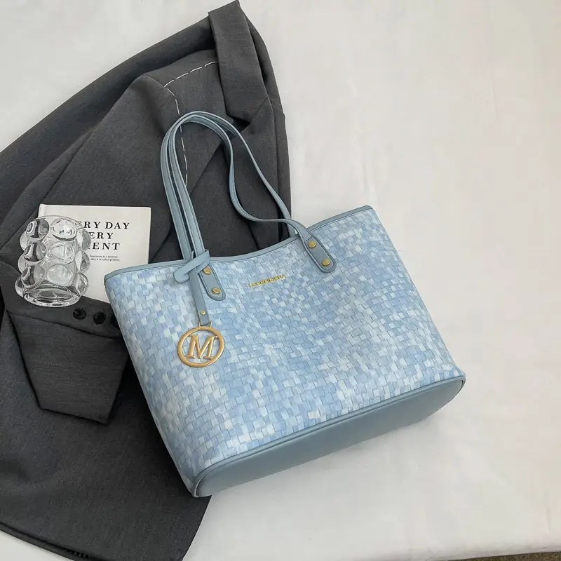 Women's Light Blue Checkered Tote Bag with Gold Logo