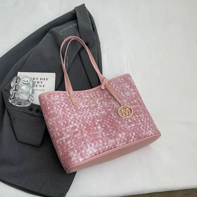 Women's Light Blue Checkered Tote Bag with Gold Logo