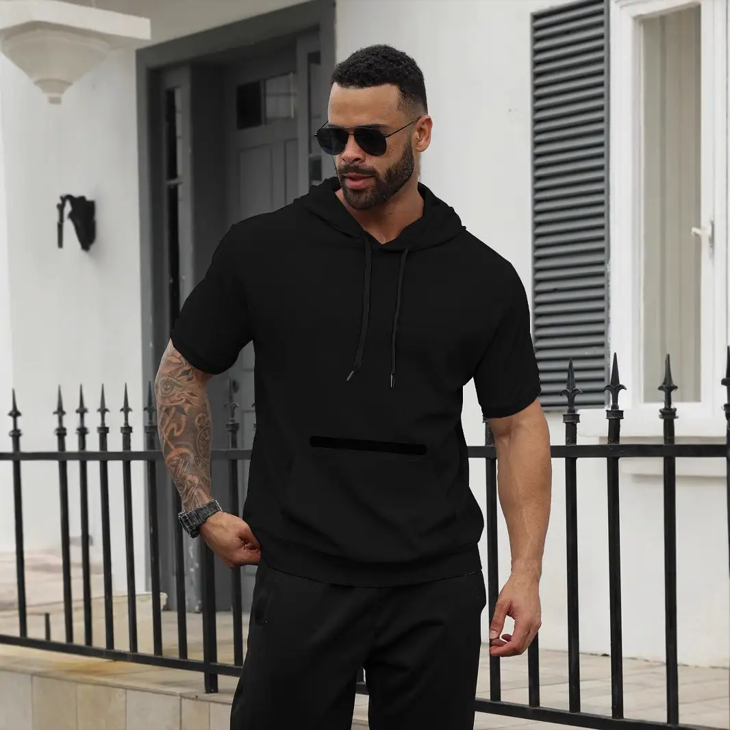 Men's Black Hooded Short Sleeve T-Shirt Solid Color