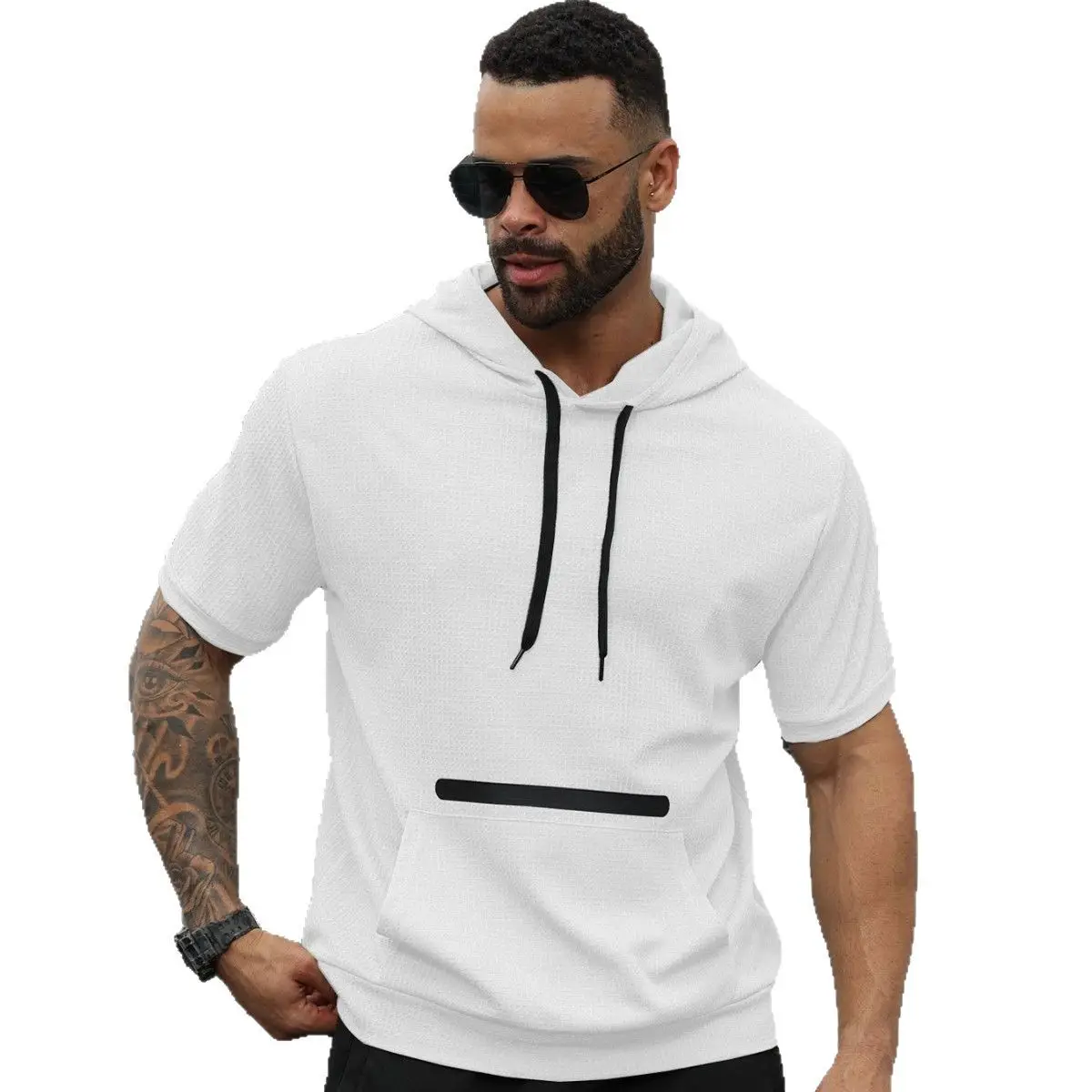 Men's Black Hooded Short Sleeve T-Shirt Solid Color