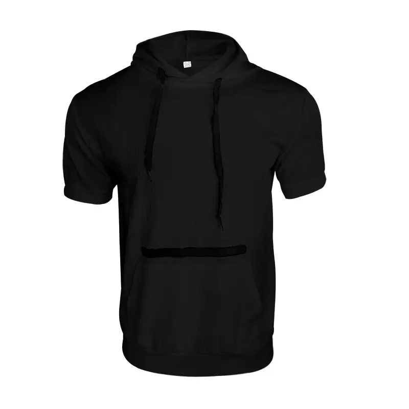 Men's Black Hooded Short Sleeve T-Shirt Solid Color — feature 10