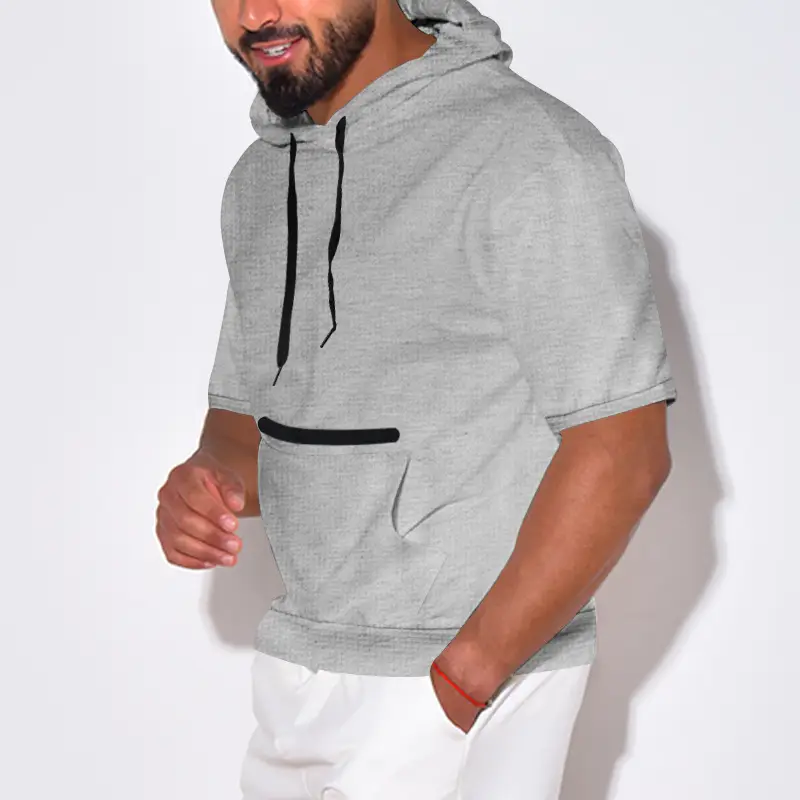 Men's Black Hooded Short Sleeve T-Shirt Solid Color — feature 13