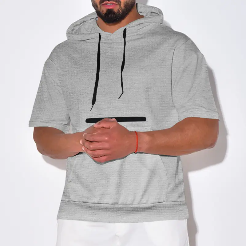 Men's Black Hooded Short Sleeve T-Shirt Solid Color — feature 14