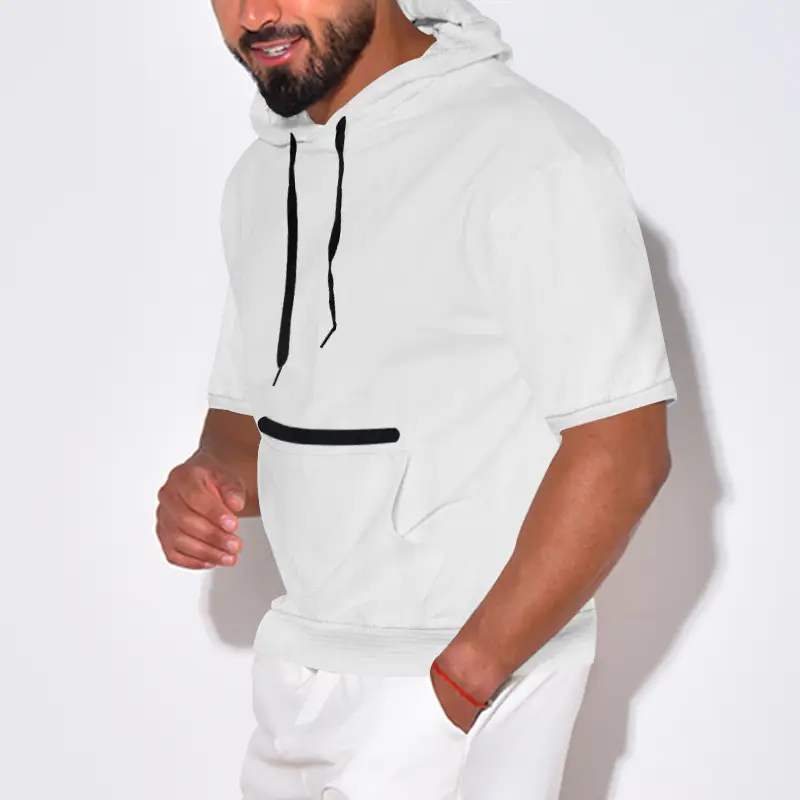 Men's Black Hooded Short Sleeve T-Shirt Solid Color — feature 23