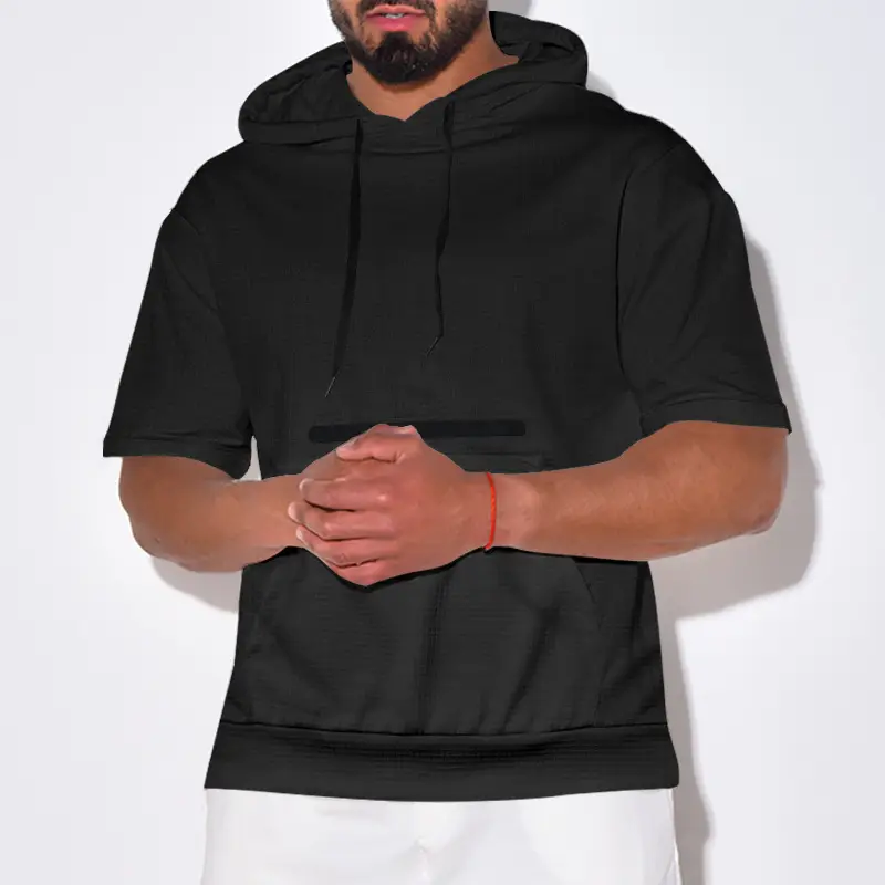 Men's Black Hooded Short Sleeve T-Shirt Solid Color — feature 3