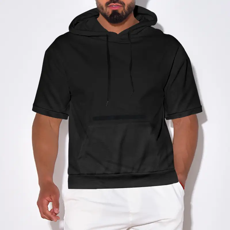 Men's Black Hooded Short Sleeve T-Shirt Solid Color — feature 4