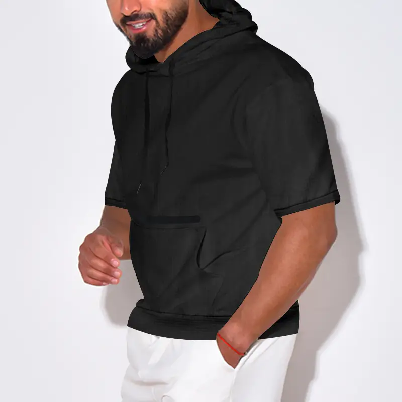 Men's Black Hooded Short Sleeve T-Shirt Solid Color — feature 5