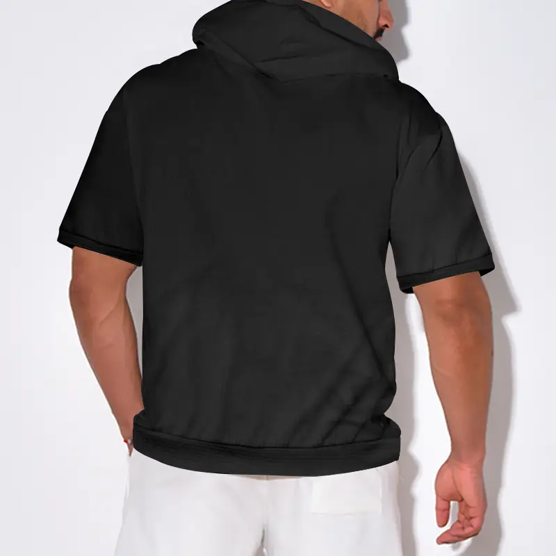 Men's Black Hooded Short Sleeve T-Shirt Solid Color — feature 6