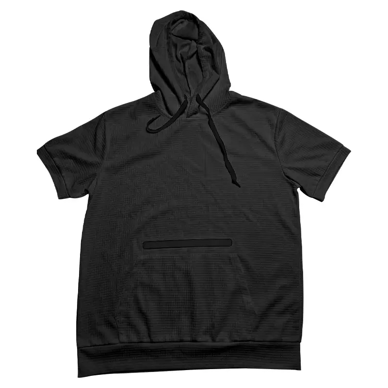 Men's Black Hooded Short Sleeve T-Shirt Solid Color — feature 8