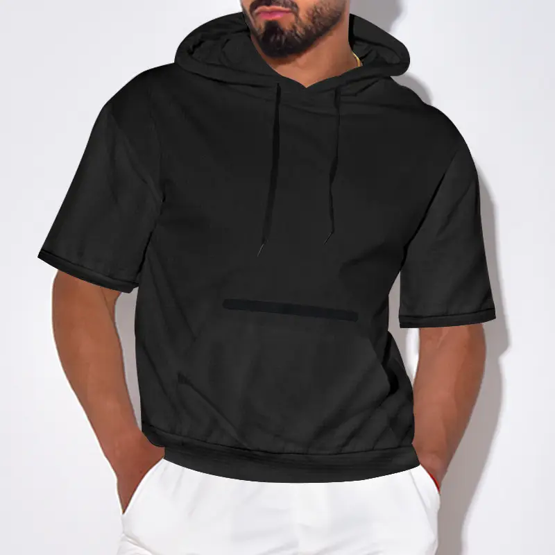 Men's Black Hooded Short Sleeve T-Shirt Solid Color