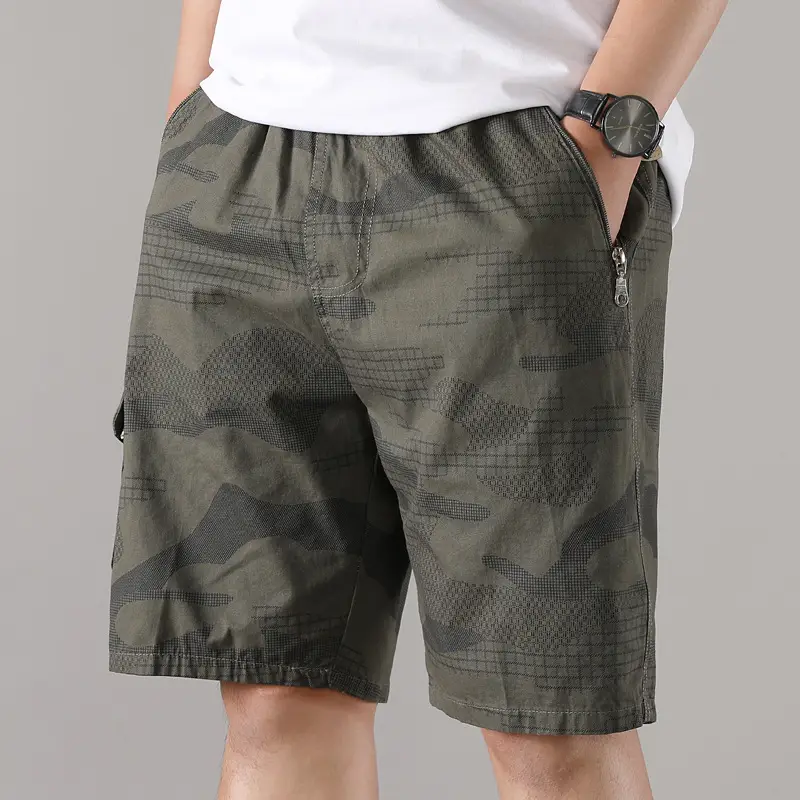 Men Camouflage Cotton Shorts 5/4 Quarter Elastic Waist