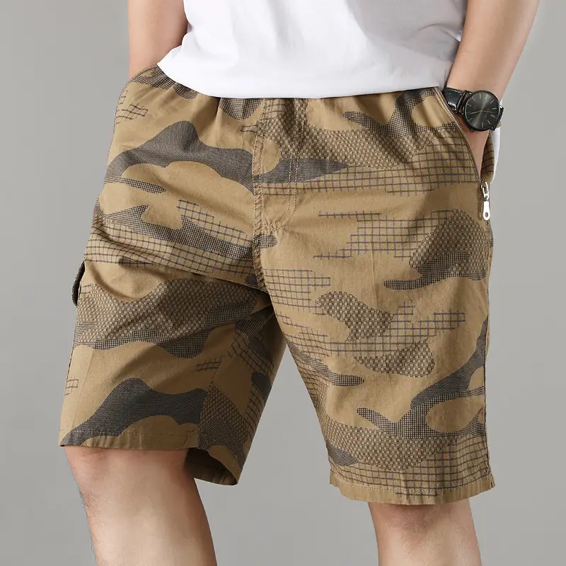 Men Camouflage Cotton Shorts 5/4 Quarter Elastic Waist