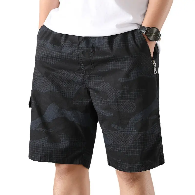 Men Camouflage Cotton Shorts 5/4 Quarter Elastic Waist