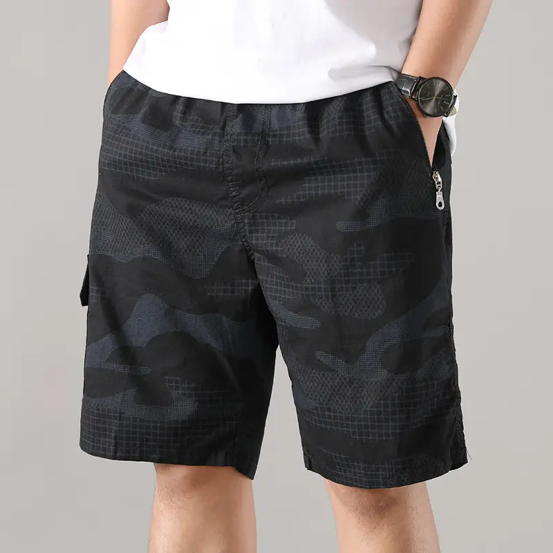 Men Camouflage Cotton Shorts 5/4 Quarter Elastic Waist