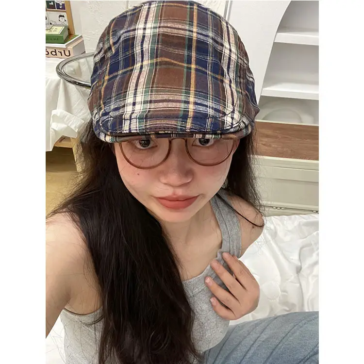 Summer Plaid Forward Cap for Women Men Cotton Linen