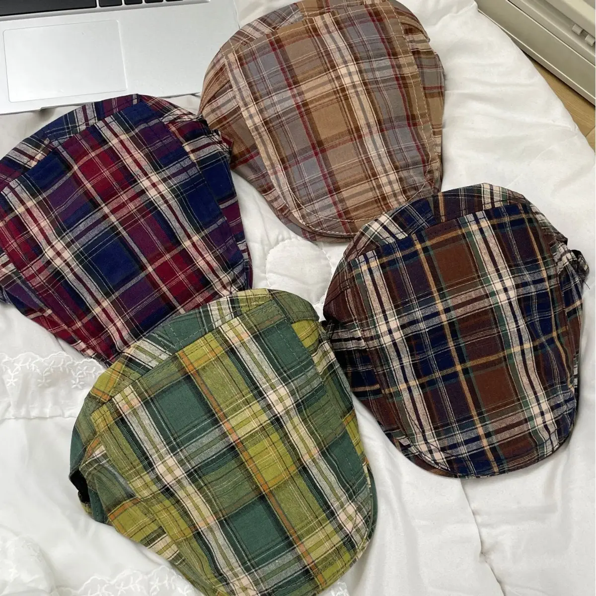 Summer Plaid Forward Cap for Women Men Cotton Linen