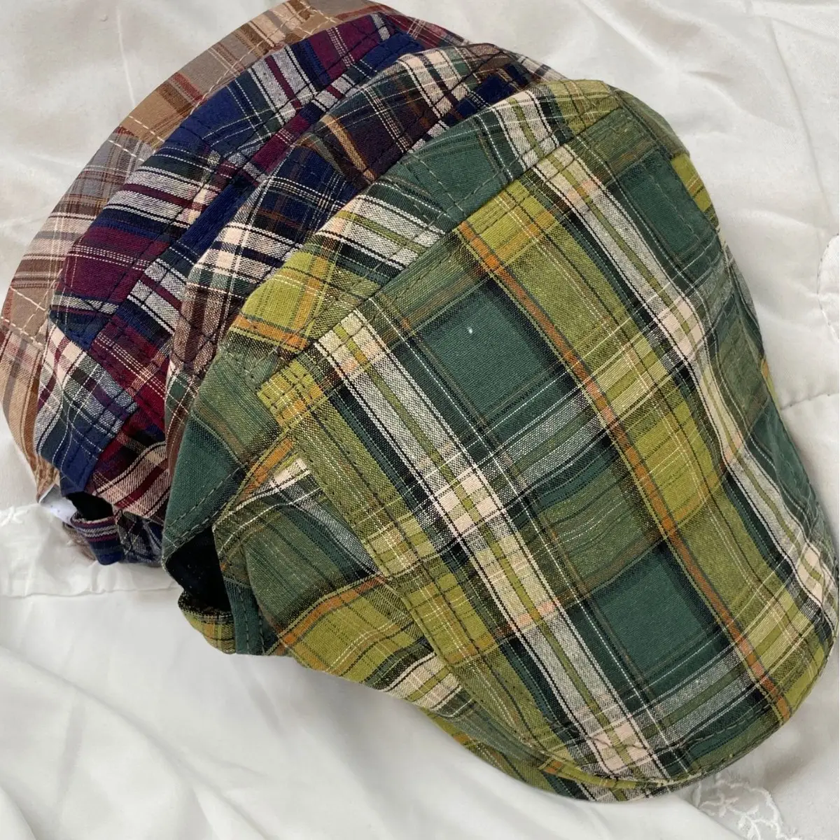 Summer Plaid Forward Cap for Women Men Cotton Linen