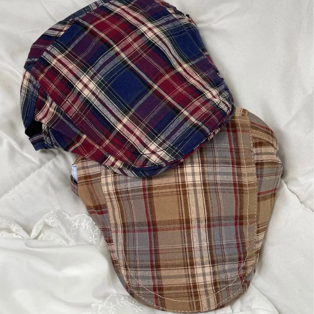 Summer Plaid Forward Cap for Women Men Cotton Linen
