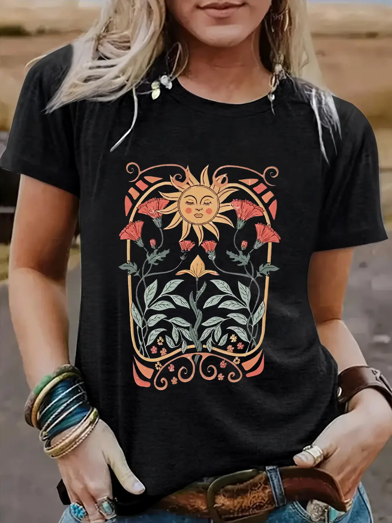 Women Sun Flower Print T-Shirt White Round Neck Short Sleeve