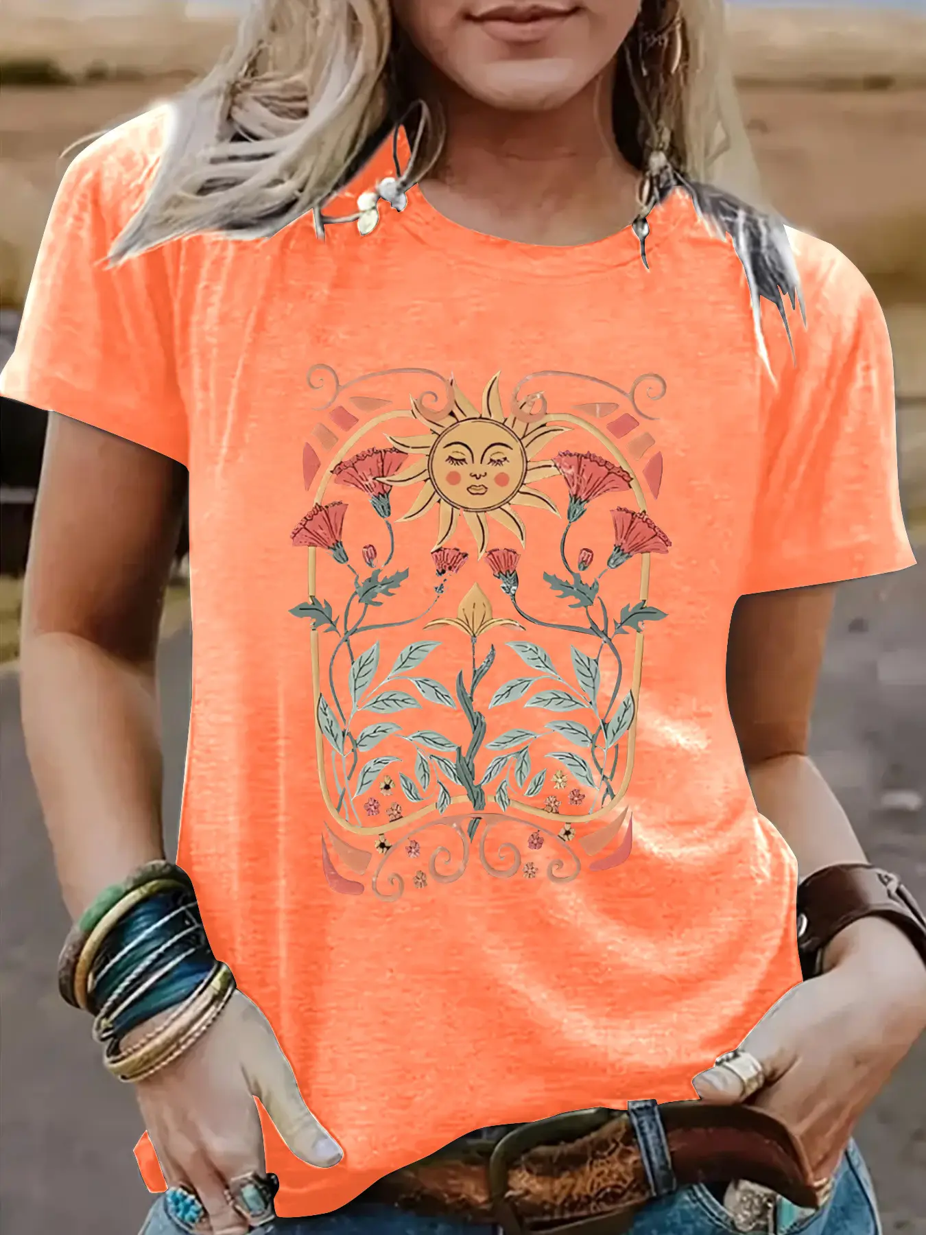 Women Sun Flower Print T-Shirt White Round Neck Short Sleeve