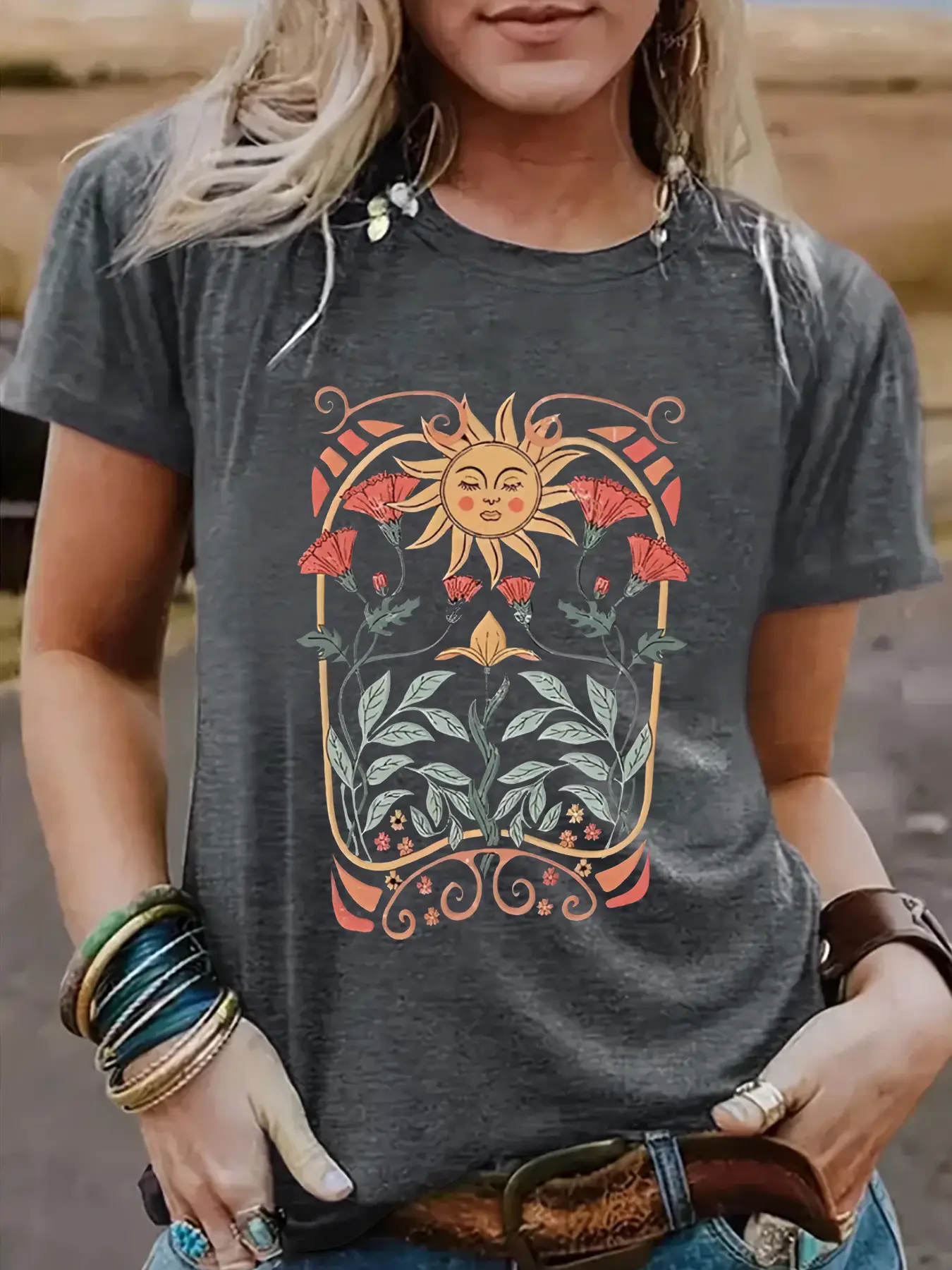 Women Sun Flower Print T-Shirt White Round Neck Short Sleeve