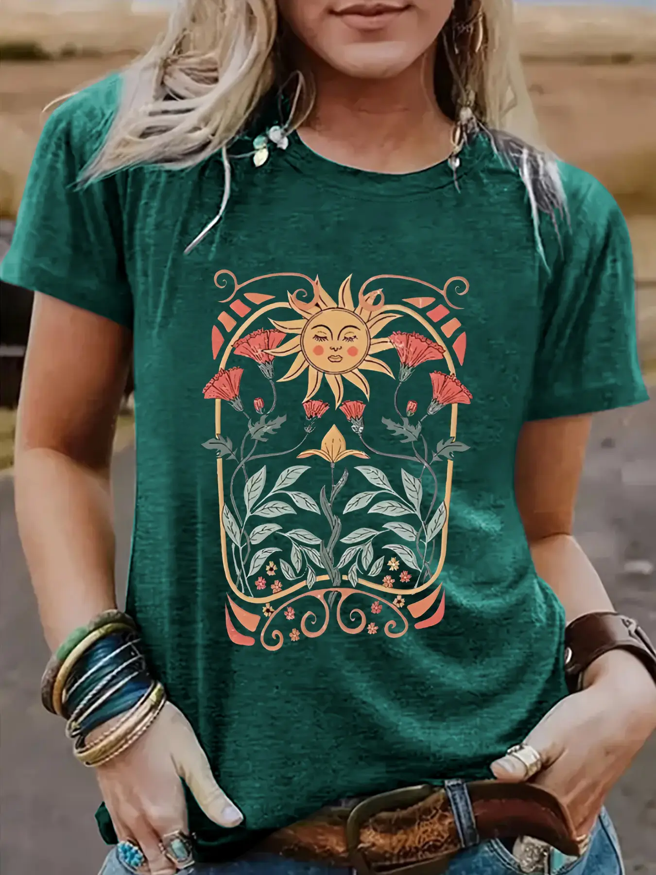 Women Sun Flower Print T-Shirt White Round Neck Short Sleeve