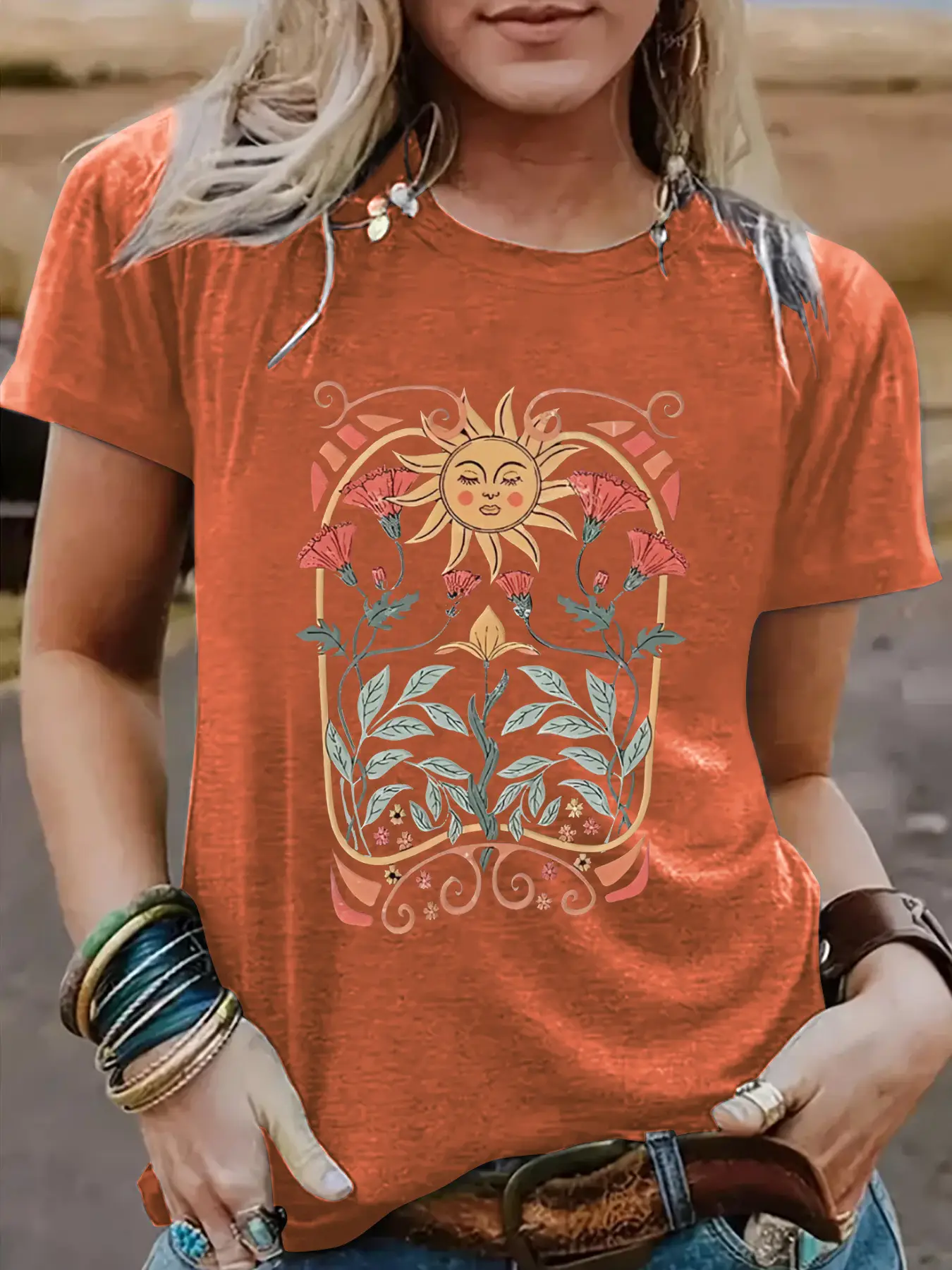 Women Sun Flower Print T-Shirt White Round Neck Short Sleeve