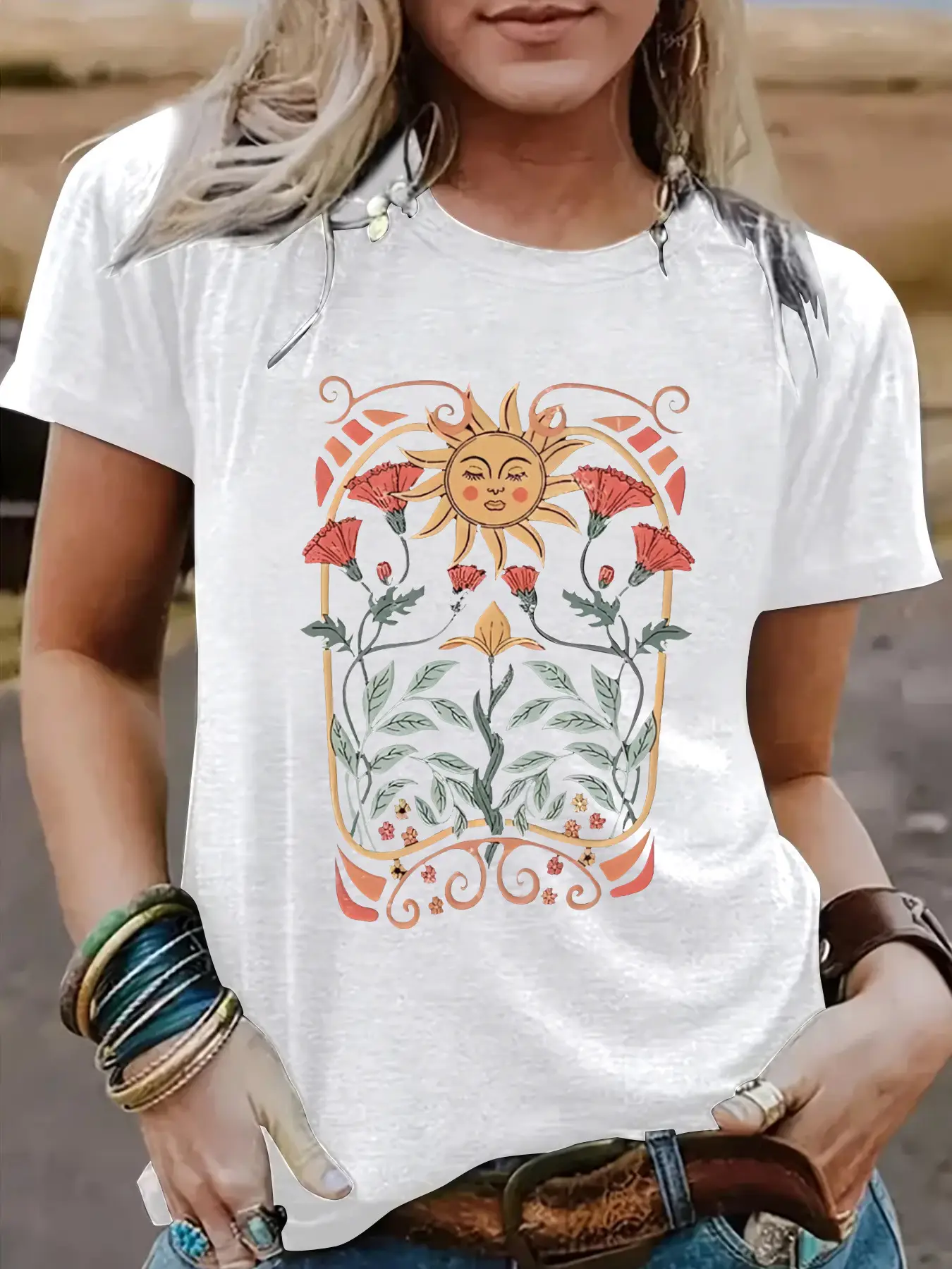 Women Sun Flower Print T-Shirt White Round Neck Short Sleeve