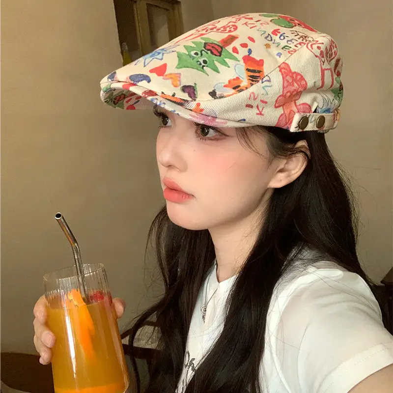 Japanese Children's Fun Graffiti Beret Cap Forward Duckling Tone Hat - Image 3