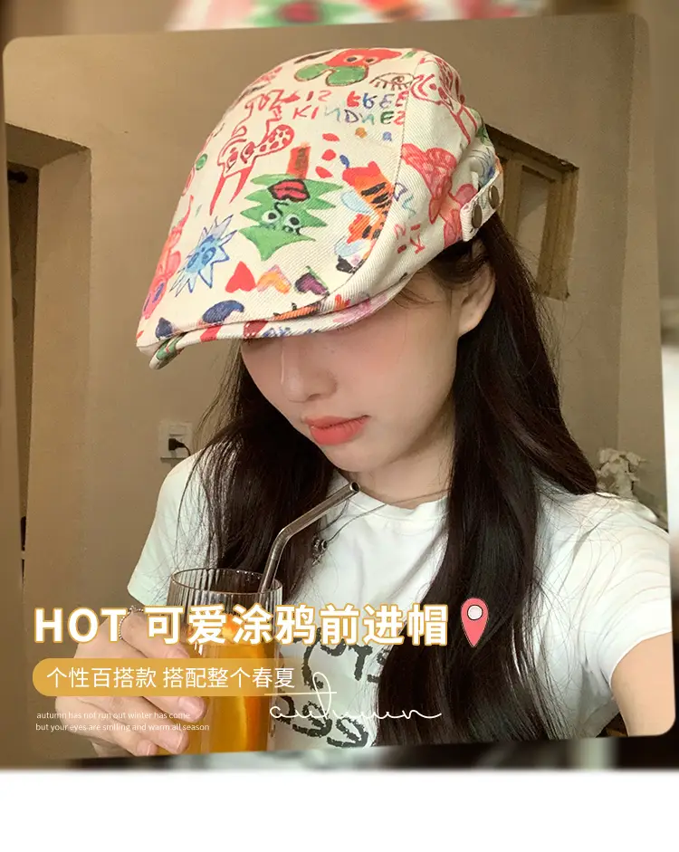 Japanese Children's Fun Graffiti Beret Cap Forward Duckling Tone Hat — feature 1