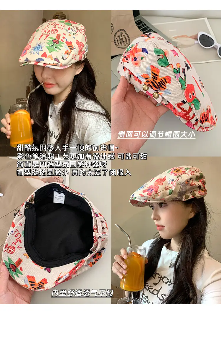 Japanese Children's Fun Graffiti Beret Cap Forward Duckling Tone Hat — feature 5