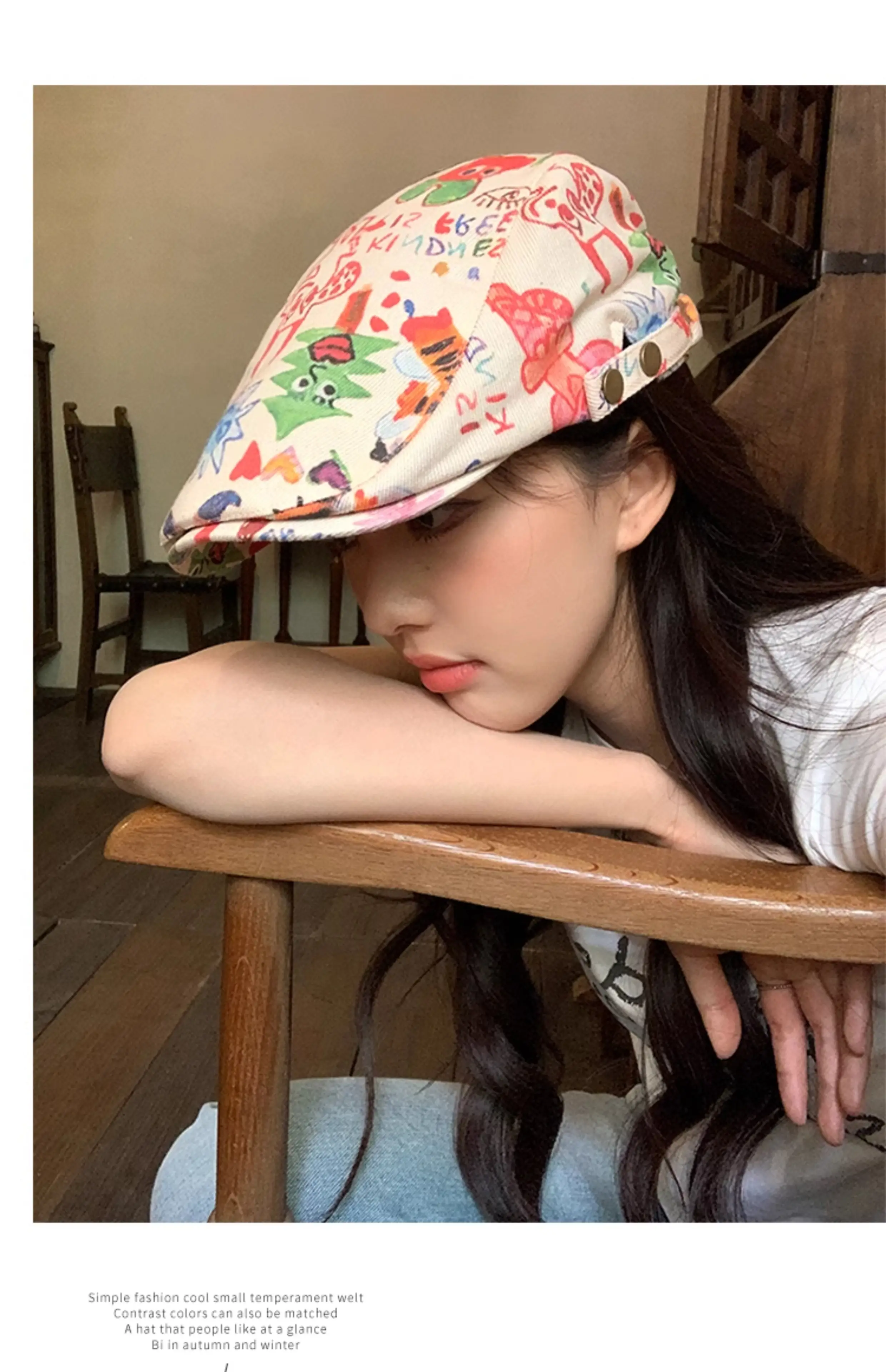 Japanese Children's Fun Graffiti Beret Cap Forward Duckling Tone Hat — feature 9