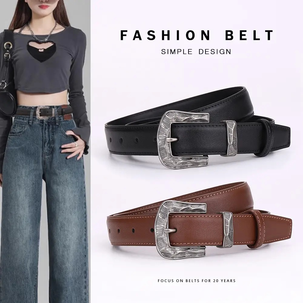 Women's Cowhide Leather Belt with Carved Alloy Buckle - Image 4
