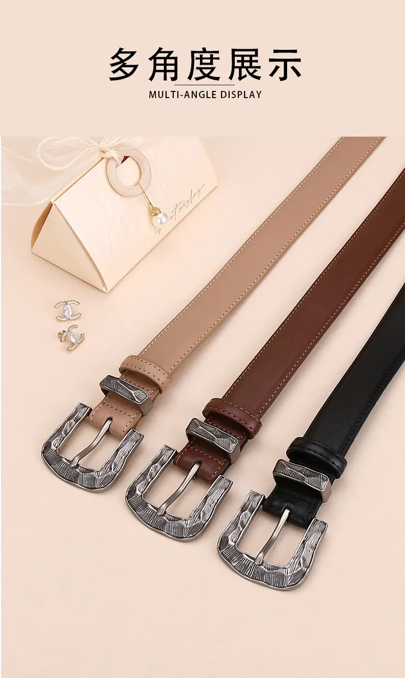 Women's Cowhide Leather Belt with Carved Alloy Buckle — feature 12