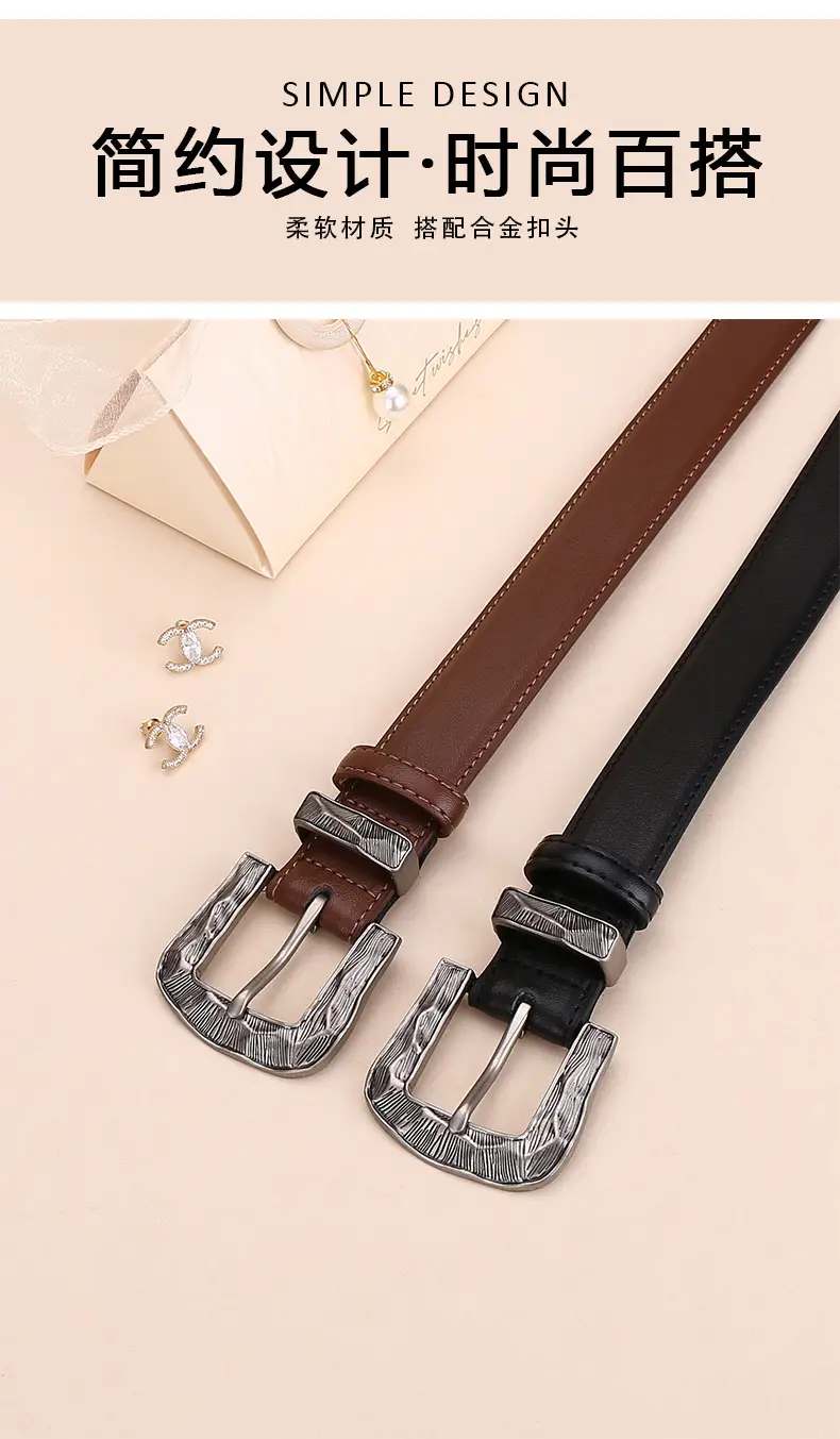 Women's Cowhide Leather Belt with Carved Alloy Buckle — feature 2