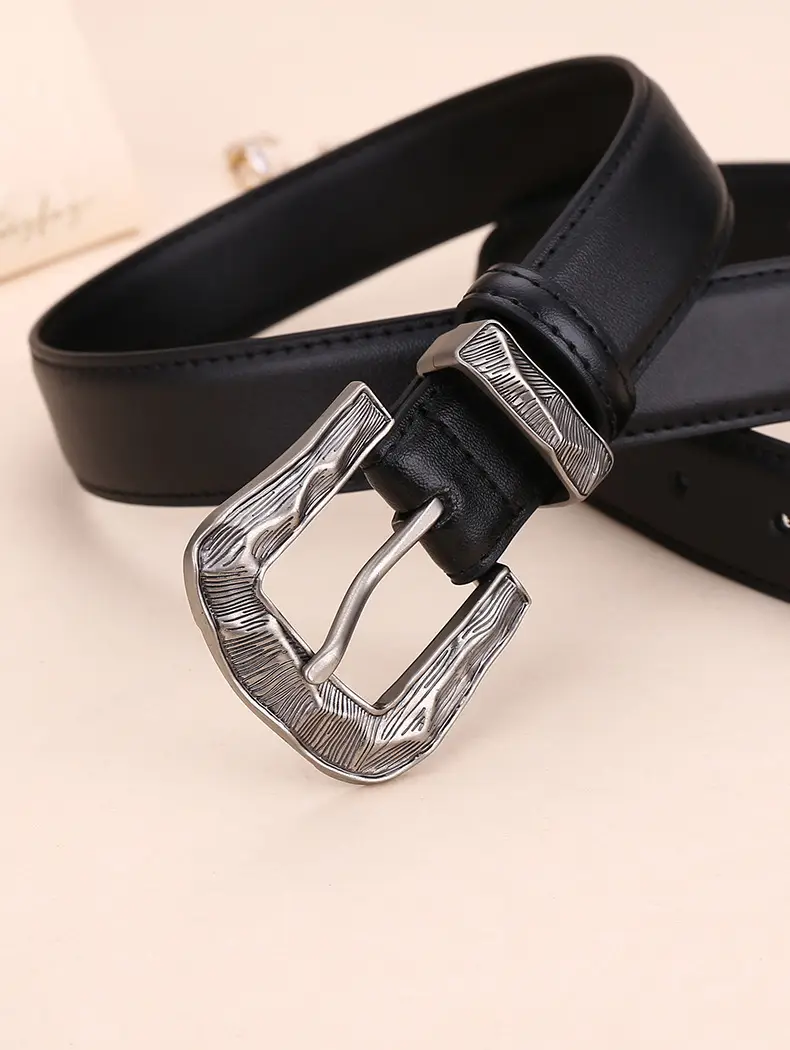 Women's Cowhide Leather Belt with Carved Alloy Buckle — feature 23