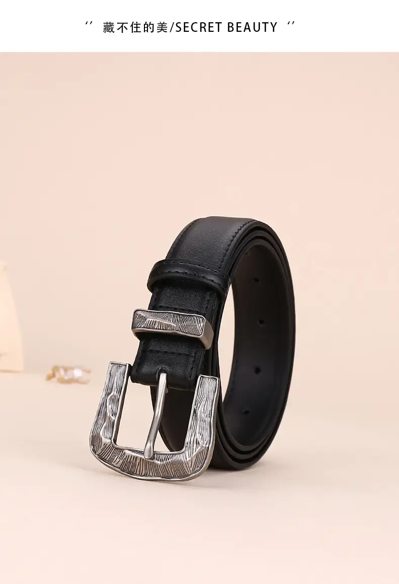 Women's Cowhide Leather Belt with Carved Alloy Buckle — feature 3