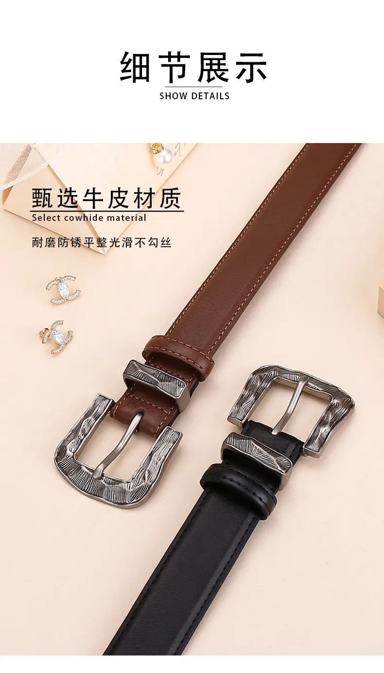 Women's Cowhide Leather Belt with Carved Alloy Buckle — feature 7