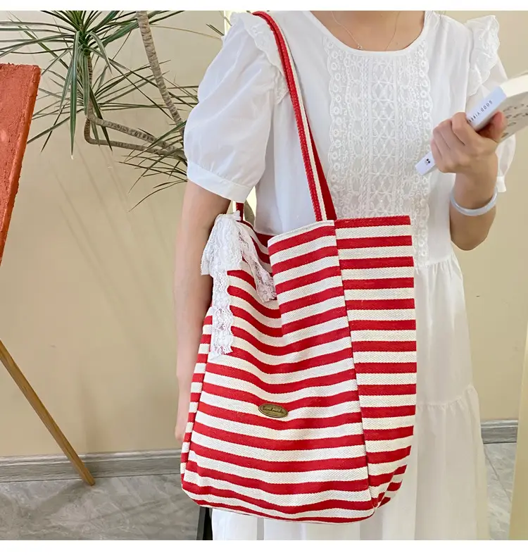 Striped Canvas Tote Bag 2024 New Korean Style — feature 11