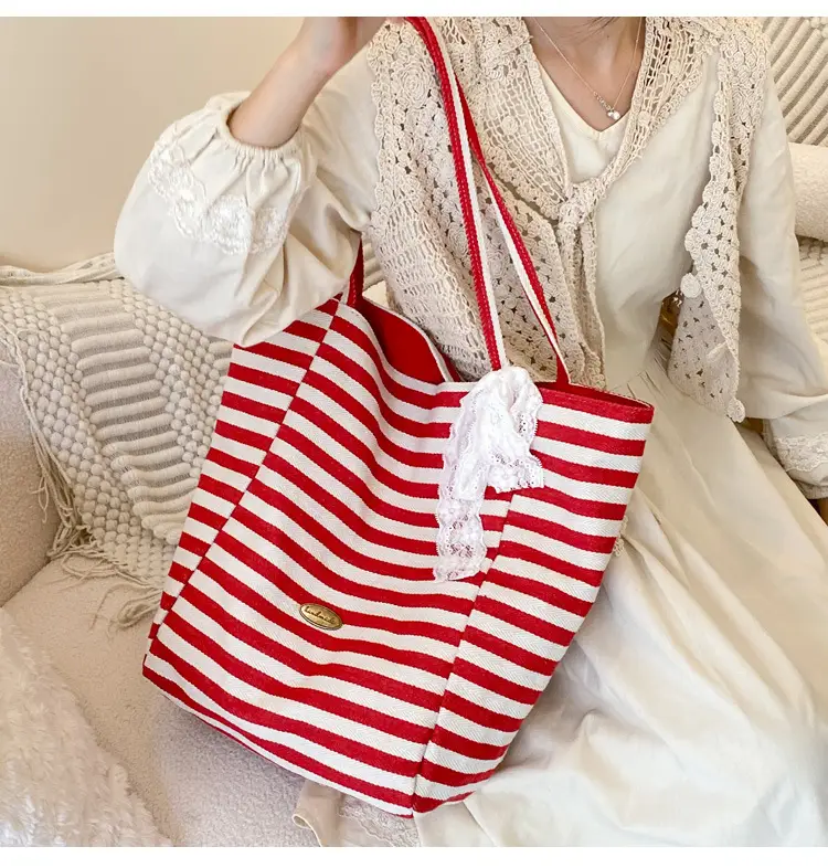Striped Canvas Tote Bag 2024 New Korean Style — feature 19