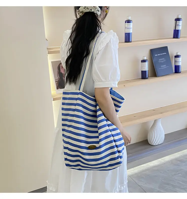 Striped Canvas Tote Bag 2024 New Korean Style — feature 22