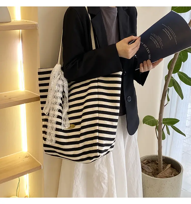 Striped Canvas Tote Bag 2024 New Korean Style — feature 37