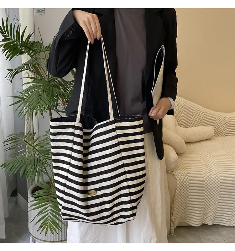Striped Canvas Tote Bag 2024 New Korean Style — feature 38