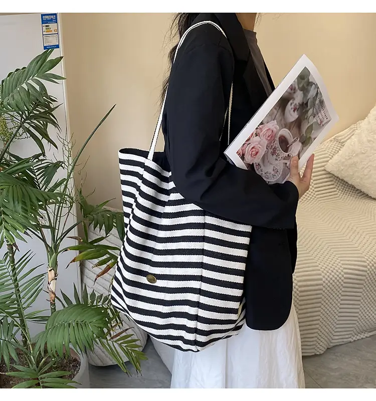Striped Canvas Tote Bag 2024 New Korean Style — feature 39